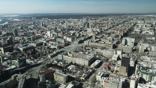 The center of the Russian city of Novosibirsk. Big city in sunlight.