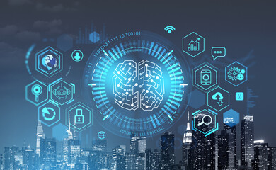 Brain icon and binary with circuit, digital hologram and city view
