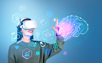 Woman in vr glasses finger touch digital brain with circuit and