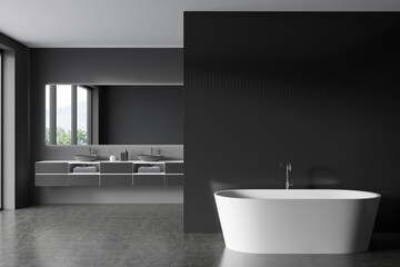 Fototapeta na wymiar Front view on dark bathroom interior with bathtub, large mirror