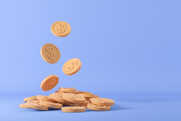 Gold coins falling, dollar cash on light background. Mockup