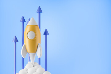 Rocket rising to the sky, growing arrows. Development and business idea. Mockup