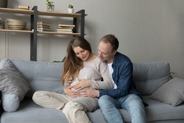 Smiling young 35s man stroking belly of pregnant wife, expressing sincere loving feelings to unborn baby, expecting childbirth together, resting on comfortable couch at home, happy parenthood concept.