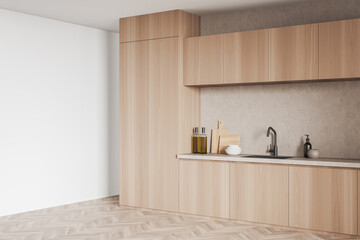 Corner view on bright kitchen interior with empty white wall