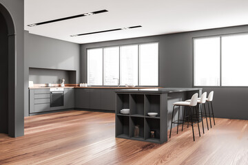 Corner view on dark kitchen interior with island with barstools