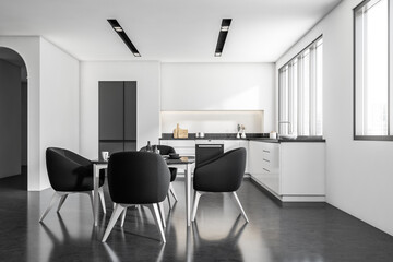 Fototapeta premium Bright kitchen room interior with dining table with armchairs
