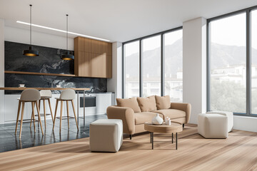Luxury kitchen interior with cooking space and lounge zone with couch, window
