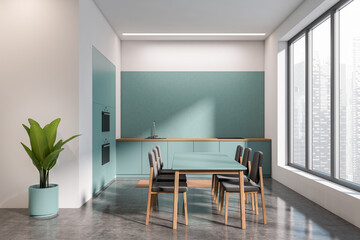 Bright kitchen room interior with dining table with chairs