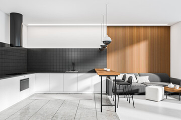 Modern kitchen interior with cooking space and relax corner