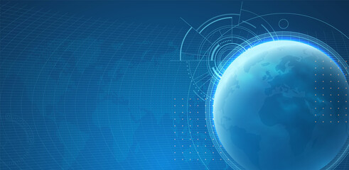 Interface design. Futuristic background with Earth planet, World map, techno screen elements and light effects.