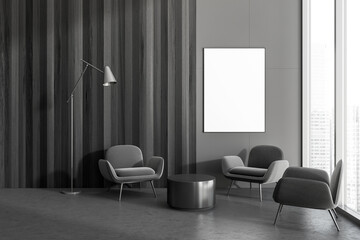 Grey relax interior with armchairs and coffee table in office, mockup frame