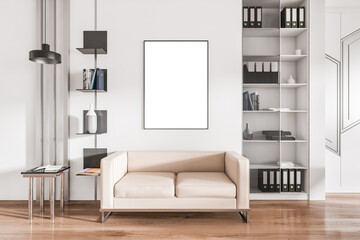 Lounge room interior with couch and shelf with documents, mockup frame