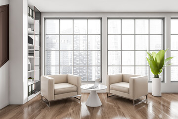 Office room interior with two cozy armchairs, panoramic window, laptop
