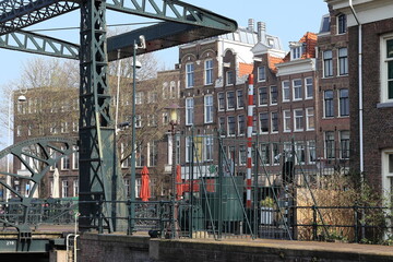 Amsterdam Street View with Kadijksplein Square House Facades and Scharrebiersluis Bridge Detail, Netherlands