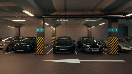 Underground parking with cars. Modern underground parking. Indoor full modern parking