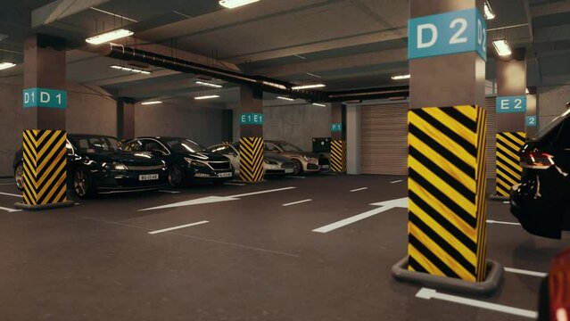 Underground parking with cars. Modern underground parking. Indoor full modern parking