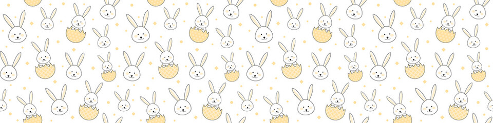 Easter banner with bunnies and decorative eggs. Seamless pattern. Vector