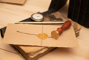 Vintage stamp, envelope and testament. Notary public tools