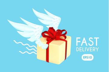 Fast delivery concept with speed box with wings and red bow flying in the sky.