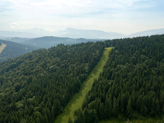 Green mountains of Ukrainian Carpathians in summer. Sunny day, rare clouds. Aerial drone view.