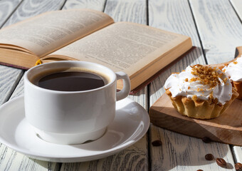 Delicious morning breakfast. Coffee with mint cakes on the background of an old white wooden countertop.