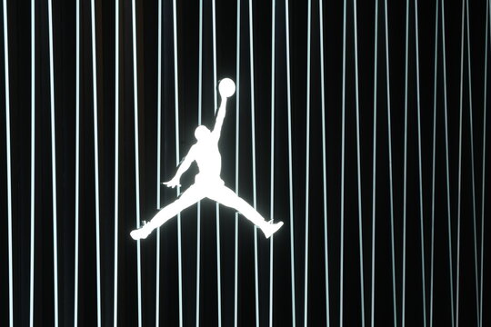 Shanghai,China-Dec. 19th 2021: Close Up Air Jordan Brand Logo Outside Store.