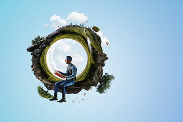 Man sitting. Concept of renewable energy and circular economy.