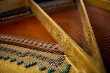 Close-up image of grand piano showing strings and structure, musical instrument for pianist