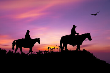 Cowboy silhouette with horse in the sunset,