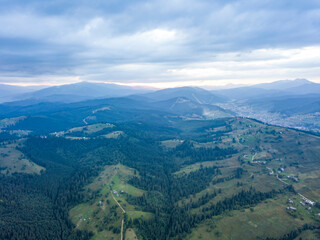 High flight in the mountains of the Ukrainian Carpathians. Aerial drone view.