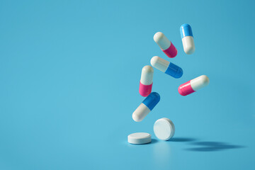 Drug or medicine,medicine pills and antibiotics background Space for text on a blue background