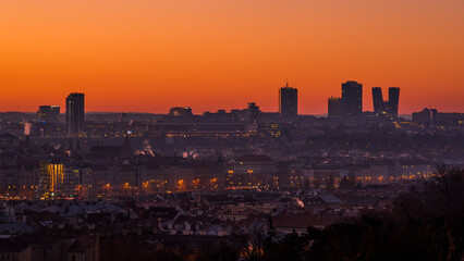 View of Prague in the morning, with Pankrac skyscrapers on the background. Dramatic sky