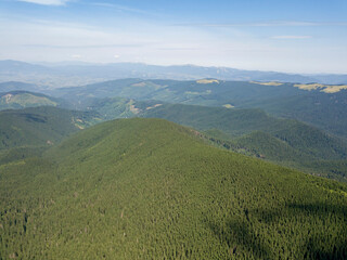 Fototapeta na wymiar High mountains of the Ukrainian Carpathians in cloudy weather. Aerial drone view.