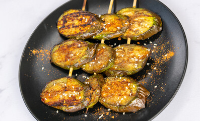 Grilled BBQ Spicy Mala Food. Sausages, Crab Sticks, Chicken and Pork
