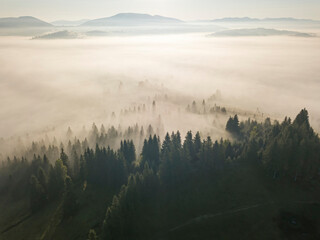 The rays of the morning sun through the fog in the mountains. Aerial drone view.