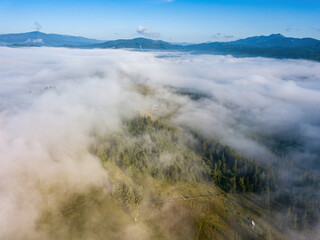 Foggy summer morning in the Ukrainian Carpathians. Aerial drone view.