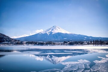 Mirror image of Mt Fuji with Ice