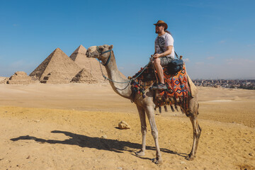 White Man and Woman Tourists are Riding on the Camels with the Great Pyramid on Background in Giza,...