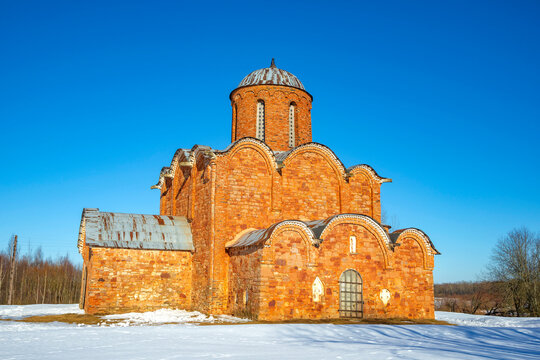 Ancient Orthodox Church of the Transfiguration of the Savior on Kovalevo. Surroundings of Veliky Novgorod, Russia