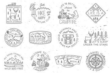 Set of camping badges, patches. Vector. Concept for shirt or logo, print, stamp or tee. Vintage line art design with camper tent, hiker, fishing bear, bear, man with guitar,and mountain.