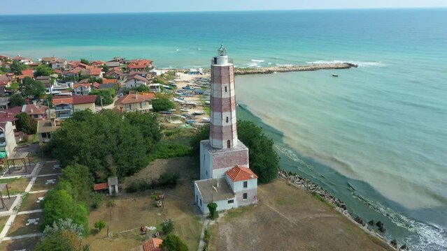 4k aerial footage in sunny day of the oldest lighthouse on the Balkan peninsular, Shabla, Bulgaria