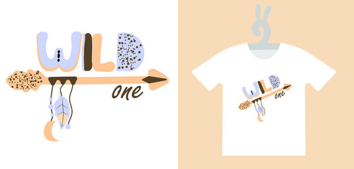 Adorable boho illustration for Prints on T-shirts, textile, sweatshirts. Typography design with quote, boho style baby clipart, Isolated vector illustration