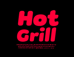 Vector bright Emblem Hot Grill. Trendy Red Font. Creative Alphabet Letters and Numbers
