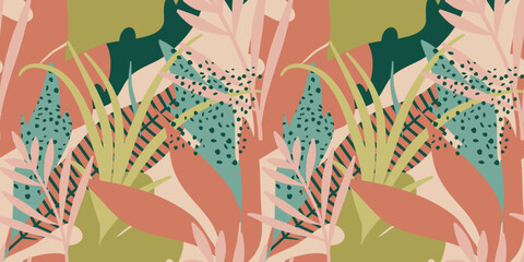 Vector seamless pattern with tropical leaves. Trendy style.