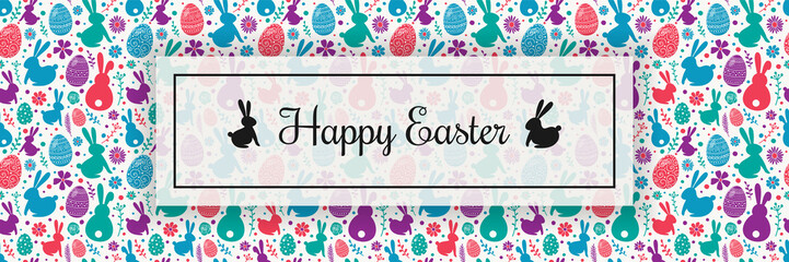 Happy Easter. Greeting card with decorative eggs, bunnies and flowers on white background. Banner. Vector