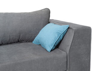 Fragment of a gray sofa with a blue pillow on a white background isolated