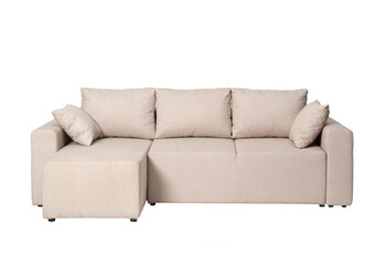 Large beige sofa with pillows, isolated on white background
