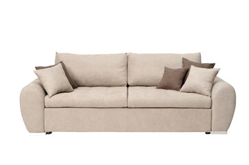 Large beige sofa with pillows, isolated on white background