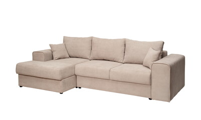 Large beige sofa with pillows, isolated on white background
