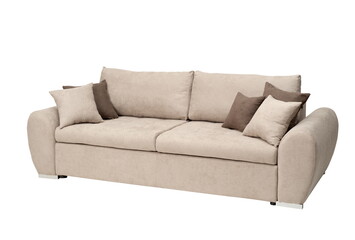 Large beige sofa with pillows, isolated on white background
